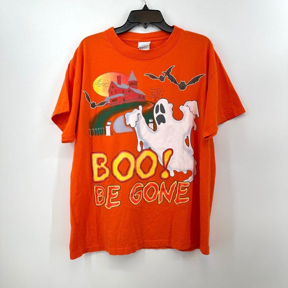 Vintage 90s Halloween Ghost T-Shirt Size Large Top Orange